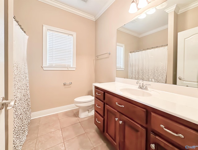 full bath with tile patterned flooring, toilet, vanity, and ornamental molding