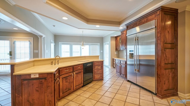 kitchen with light countertops, dishwasher, ornamental molding, light tile patterned flooring, and built in fridge