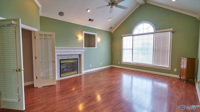 unfurnished living room with vaulted ceiling, wood finished floors, visible vents, a ceiling fan, and a fireplace