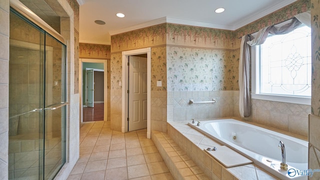 full bath with a bath, tile patterned flooring, a stall shower, and ornamental molding
