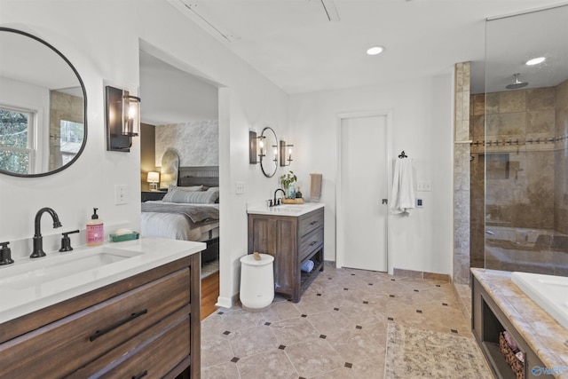 bathroom featuring vanity and plus walk in shower