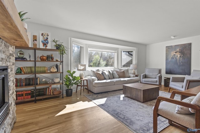 living room featuring a fireplace and hardwood / wood-style floors