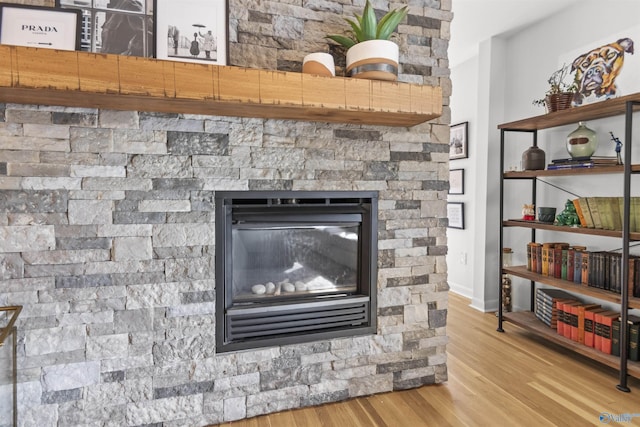 details with a stone fireplace and hardwood / wood-style flooring