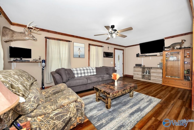 215 Dusty Dr SW, Arab, AL 35016 - living room with a ceiling fan, wood finished floors, and crown molding