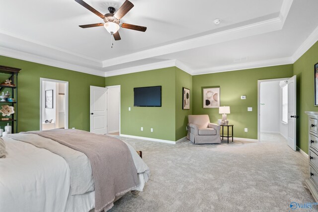 20593 Brook Valley Dr, Athens, AL 35611 - carpeted bedroom featuring crown molding, a raised ceiling, baseboards, ceiling fan, and ensuite bathroom