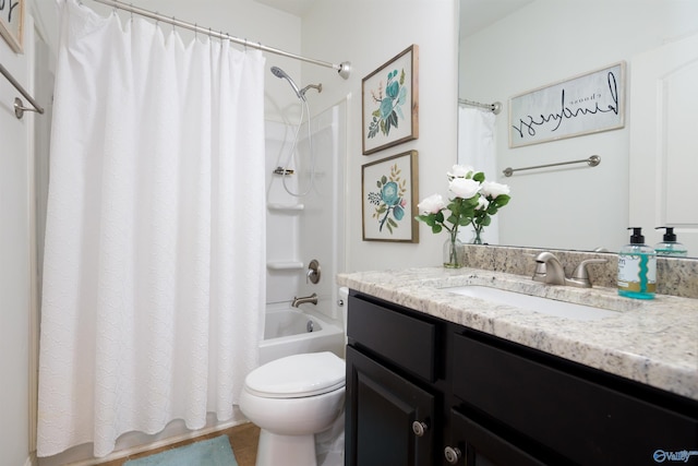 full bath featuring toilet, tile patterned floors, shower / bath combination with curtain, and vanity