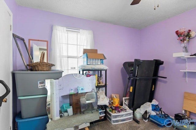 misc room featuring carpet flooring, ceiling fan, and a textured ceiling