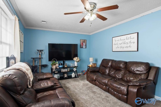 carpeted living room with ceiling fan, ornamental molding, and a textured ceiling