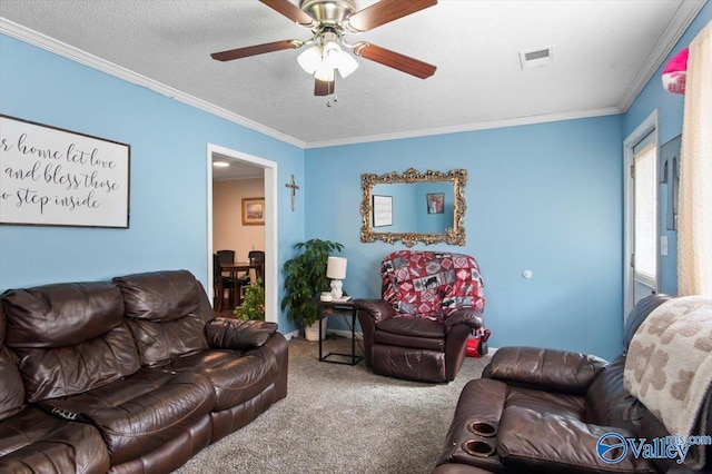 carpeted living room with a textured ceiling, ceiling fan, and crown molding