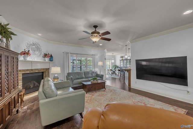 living room with a stone fireplace, dark hardwood / wood-style flooring, ceiling fan, and crown molding