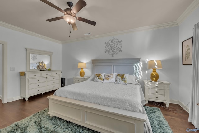 bedroom with ceiling fan, crown molding, and dark hardwood / wood-style flooring