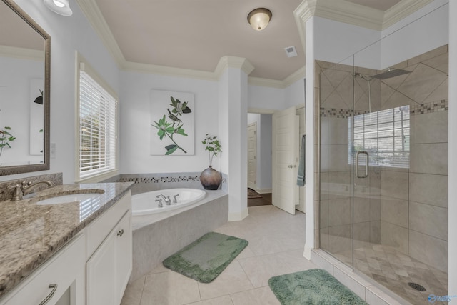 bathroom with vanity, independent shower and bath, tile patterned flooring, and ornamental molding