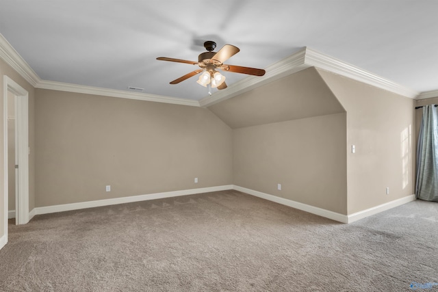 bonus room featuring carpet, lofted ceiling, and ceiling fan