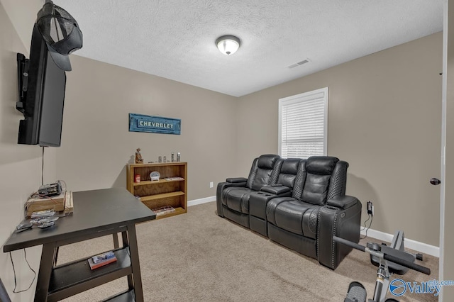 living area featuring carpet, baseboards, and a textured ceiling