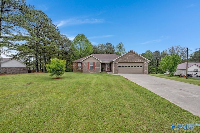 ranch-style home with a garage, a front yard, brick siding, and driveway