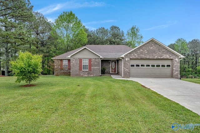 ranch-style home featuring a front yard, brick siding, a garage, and concrete driveway