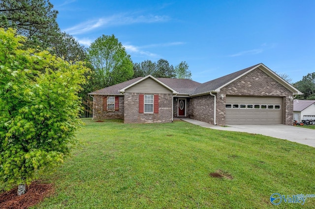 single story home with a front yard, a shingled roof, a garage, brick siding, and driveway
