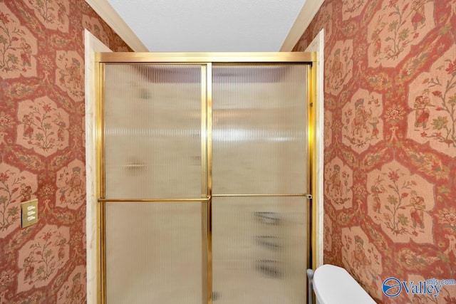 bathroom featuring a textured ceiling, a shower with shower door, and toilet