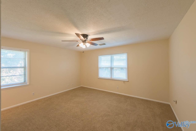 carpeted spare room featuring a textured ceiling, ceiling fan, and a wealth of natural light