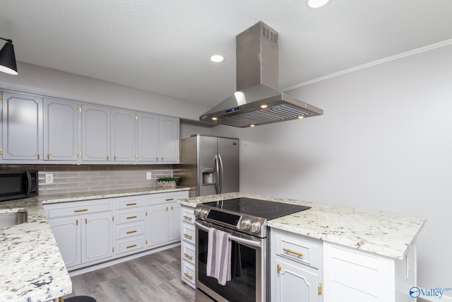 kitchen featuring appliances with stainless steel finishes, decorative backsplash, island exhaust hood, light stone countertops, and light wood-type flooring