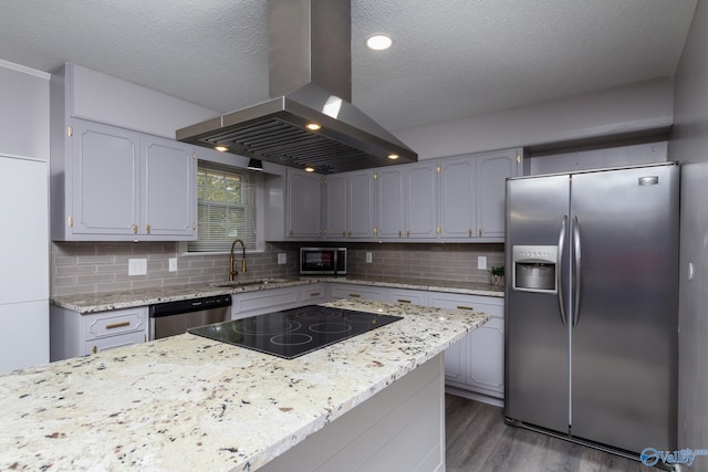 kitchen with sink, island range hood, appliances with stainless steel finishes, hardwood / wood-style floors, and decorative backsplash