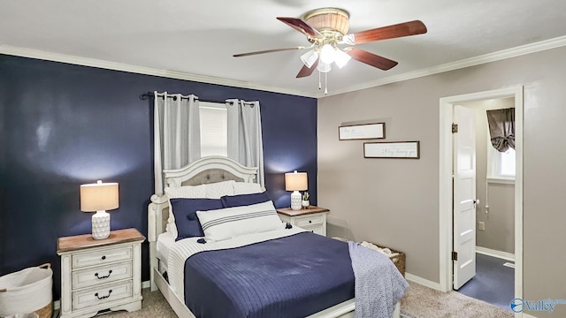 bedroom with light carpet, crown molding, and ceiling fan