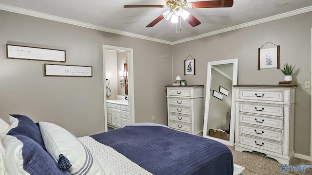 bedroom featuring sink, crown molding, ceiling fan, connected bathroom, and light colored carpet