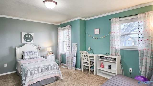 bedroom with crown molding and carpet