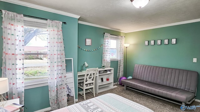 bedroom with ornamental molding, a textured ceiling, and dark carpet