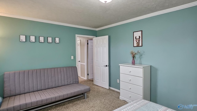 bedroom with crown molding, light colored carpet, and a textured ceiling