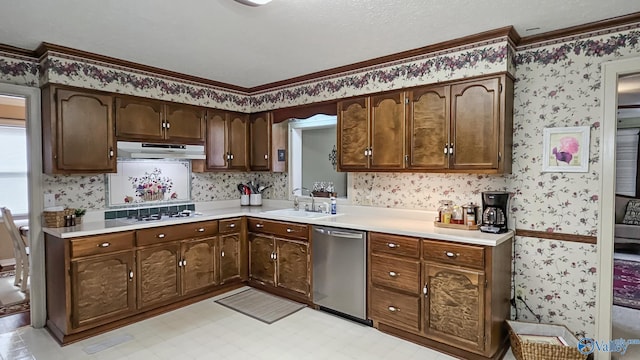 kitchen with sink, stainless steel dishwasher, crown molding, dark brown cabinets, and white gas cooktop