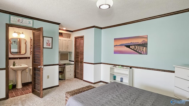 unfurnished bedroom featuring crown molding, sink, carpet floors, and a textured ceiling