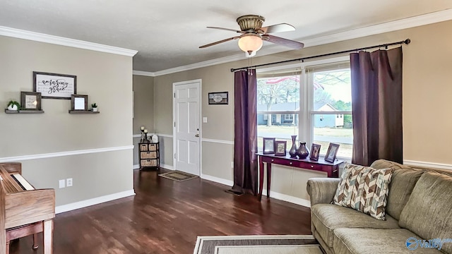 living room featuring crown molding, ceiling fan, and dark hardwood / wood-style floors