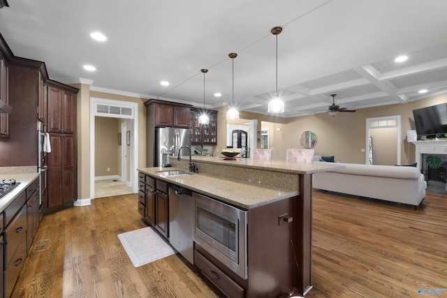 kitchen with open floor plan, wood finished floors, stainless steel appliances, a fireplace, and a sink