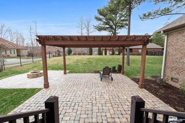 view of patio / terrace with a fire pit, fence, and a pergola