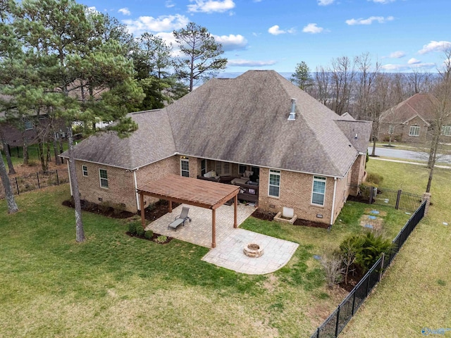 exterior space with brick siding, a patio, an outdoor fire pit, crawl space, and a fenced backyard