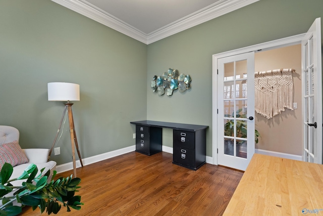 home office with baseboards, french doors, wood finished floors, and crown molding