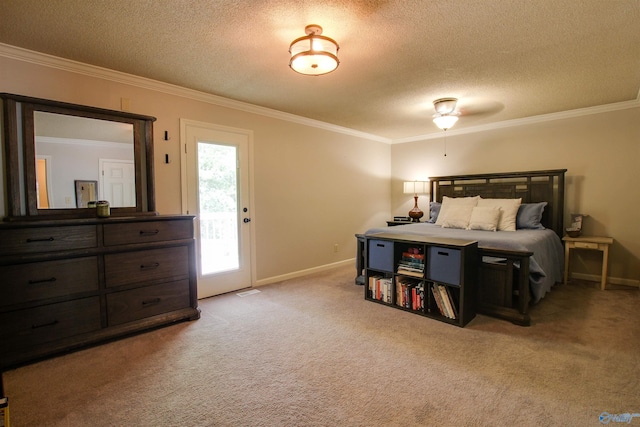 bedroom with crown molding, a textured ceiling, baseboards, and light colored carpet