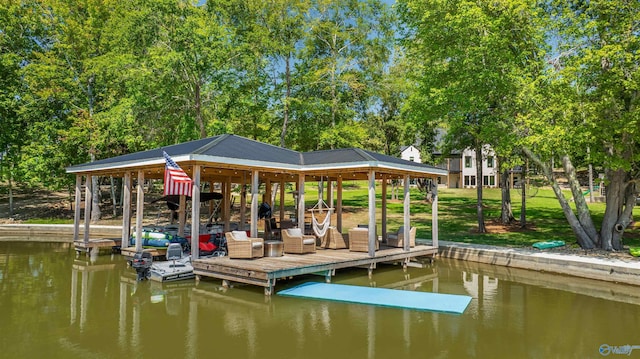 view of dock featuring a water view and a lawn