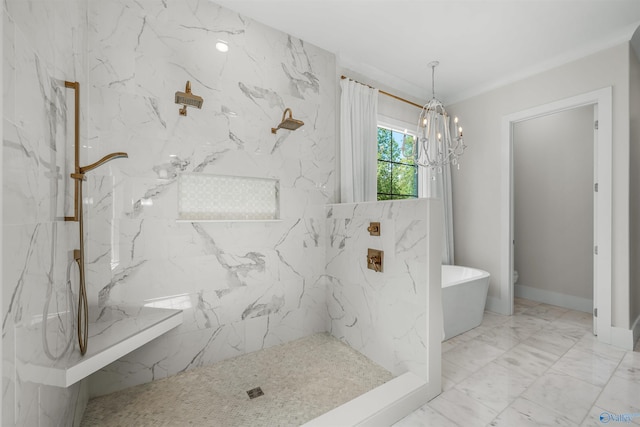 bathroom with marble finish floor, a marble finish shower, a soaking tub, toilet, and an inviting chandelier