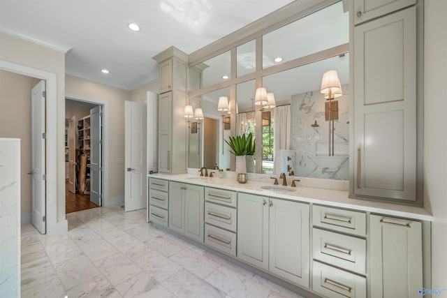 bathroom featuring a shower and vanity