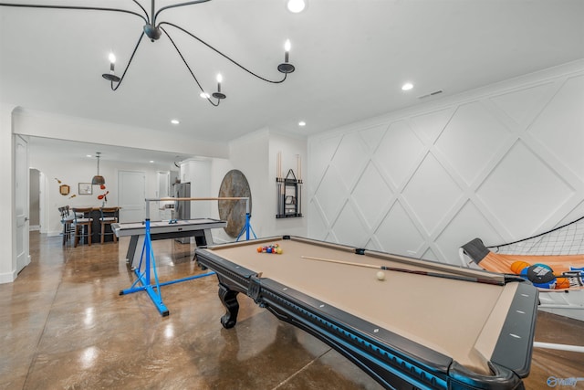 rec room with finished concrete flooring, visible vents, pool table, a decorative wall, and recessed lighting
