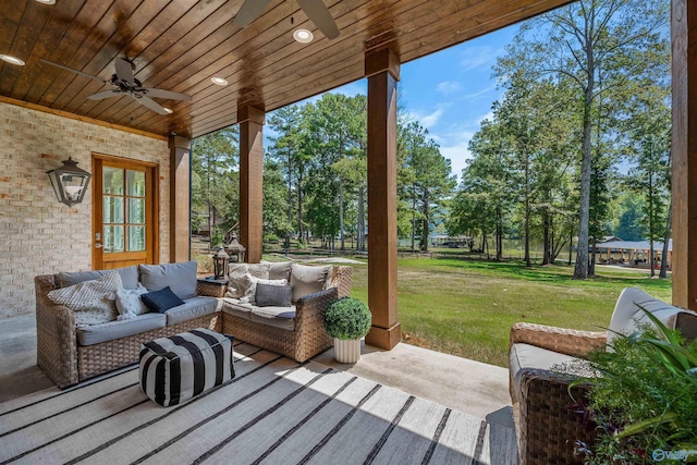 view of patio featuring ceiling fan and an outdoor hangout area