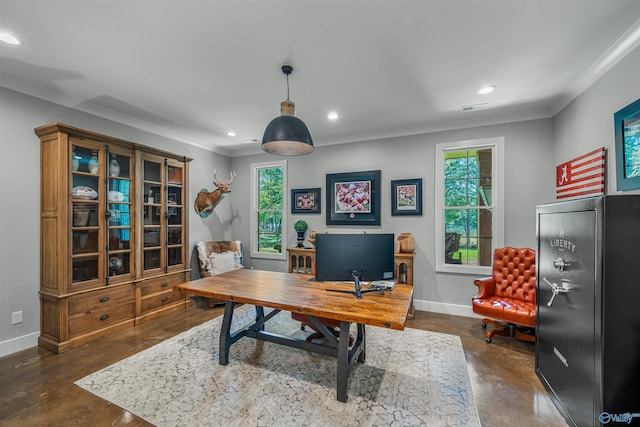 home office with ornamental molding