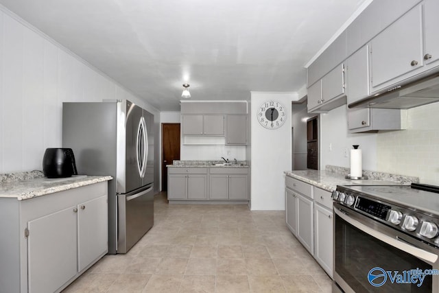 303 Bobwhite Dr SW, Decatur, AL 35601 - kitchen featuring decorative backsplash, under cabinet range hood, a sink, gray cabinetry, and stainless steel appliances
