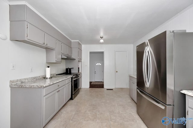 303 Bobwhite Dr SW, Decatur, AL 35601 - kitchen featuring gray cabinets, appliances with stainless steel finishes, under cabinet range hood, and light tile patterned floors