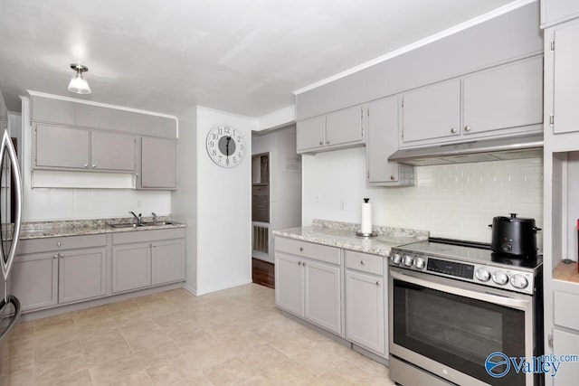 303 Bobwhite Dr SW, Decatur, AL 35601 - kitchen featuring decorative backsplash, gray cabinets, under cabinet range hood, a sink, and stainless steel appliances