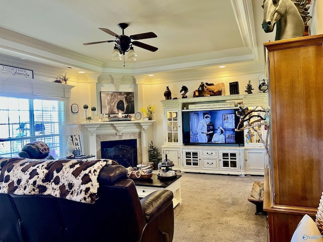 94 Owensby Way, Trinity, AL 35673 - carpeted living room featuring a ceiling fan, a high end fireplace, and crown molding