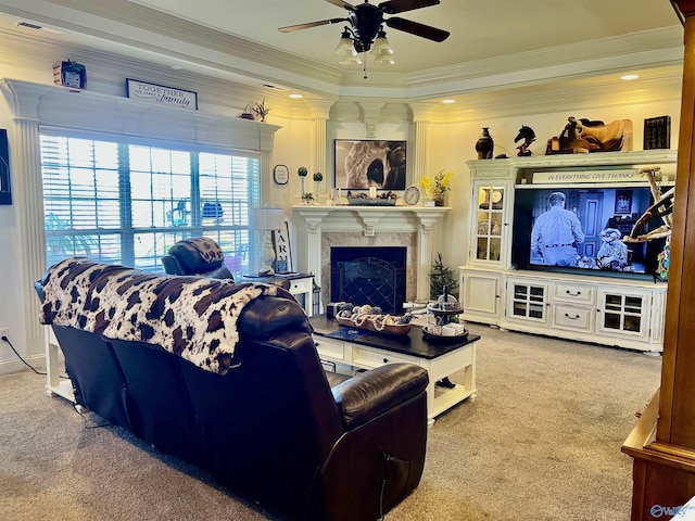 94 Owensby Way, Trinity, AL 35673 - carpeted living room featuring ceiling fan, a fireplace, and ornamental molding