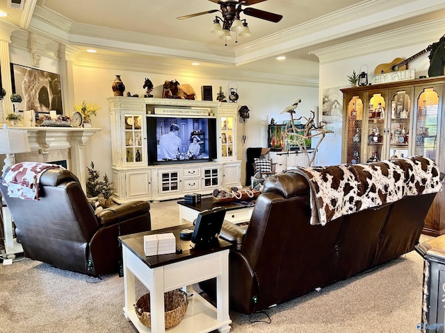 94 Owensby Way, Trinity, AL 35673 - living area featuring light colored carpet, ceiling fan, and ornamental molding